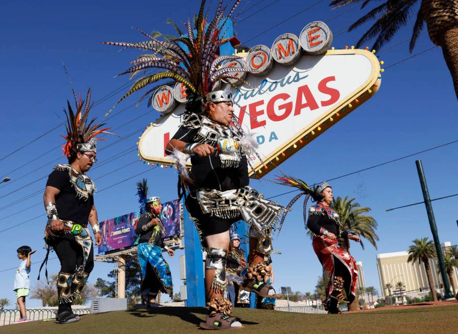 Members of the Danza Tonantzi Guadalupana Las Vegas dance group perform during Indigenous Peopl ...