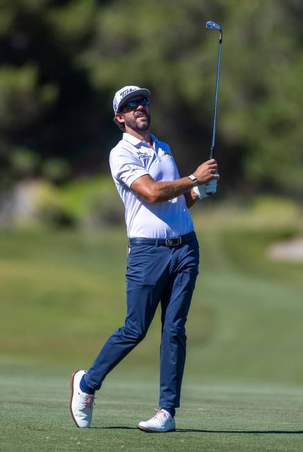 Lanto Griffin with tongue out eyes a shot on hole 1 during day 3 play at the Shriners Children' ...