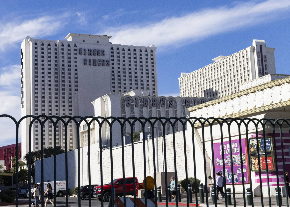 Pedestrians walk past Circus Circus, on Thursday, Oct. 20, 2022, in Las Vegas. (Bizuayehu Tesfa ...