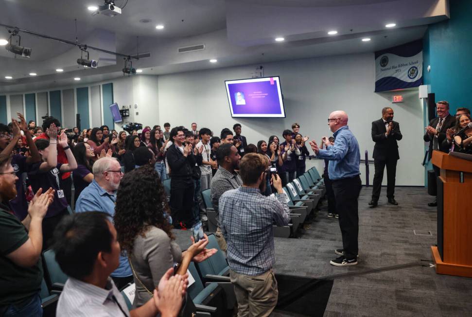 Math teacher Mike Patterson, who won 2025 Nevada State Teacher of the Year award, gestures to t ...