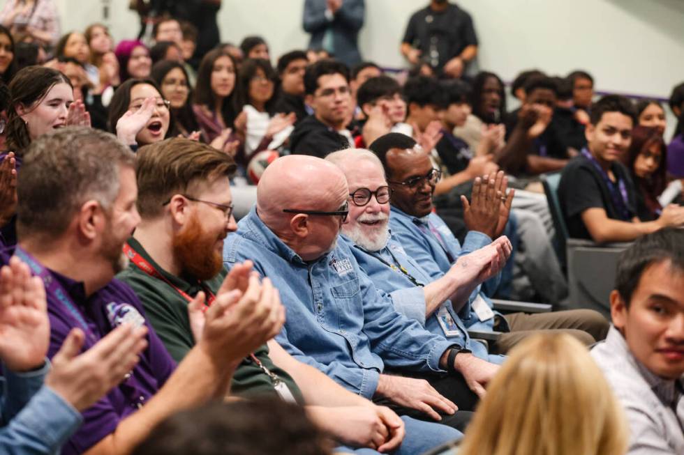 Math teacher Mike Patterson reacts to winning the 2025 Nevada State Teacher of the Year award a ...