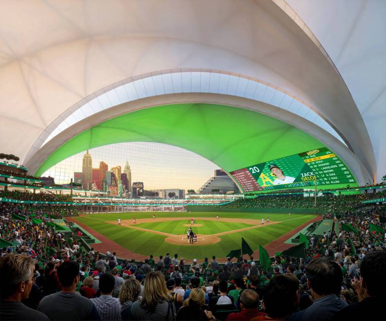 This is an undated artist’s rendering of the proposed baseball stadium for the Athletics ...