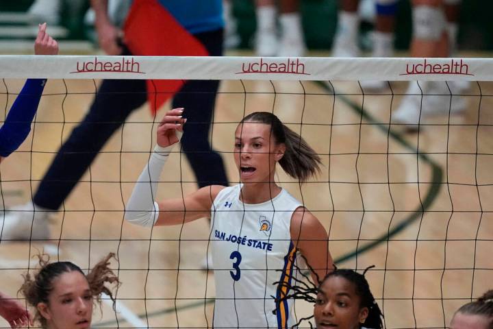 San Jose State outer hitter Blaire Fleming reacts after scoring a point against Colorado State ...