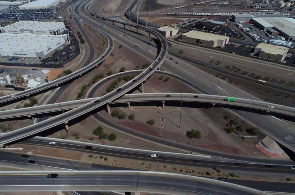 An aerial photo of the Henderson Spaghetti Bowl taken April 2, 2019. (NDOT)