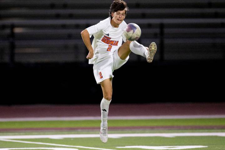 Bishop Gorman defender Rocco Marsan (2) receives the ball during the high school soccer game ag ...