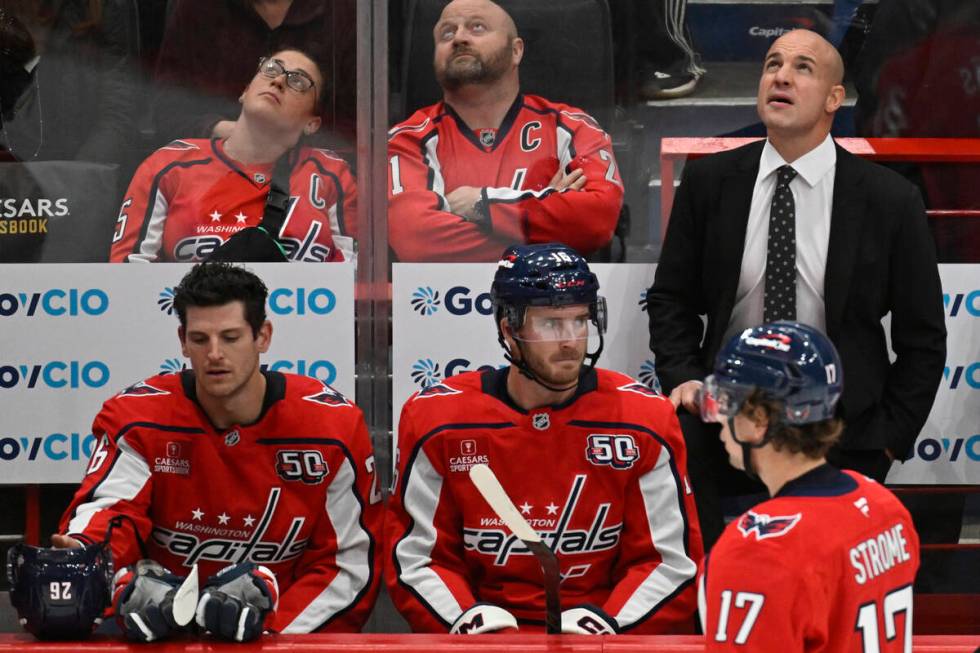 Washington Capitals head coach Spencer Carbery looks on during the third period of an NHL hocke ...