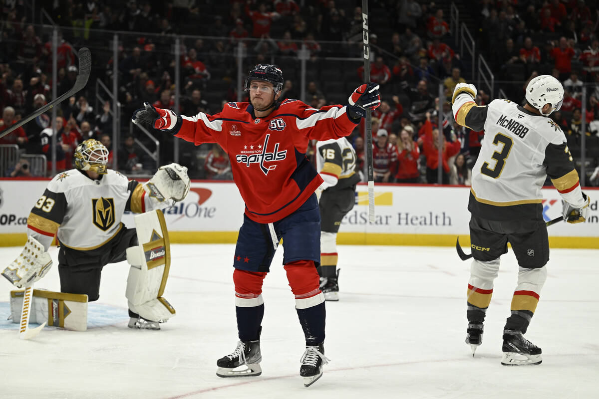 Washington Capitals left wing Jakub Vrana, center, celebrates his goal against Vegas Golden Kni ...