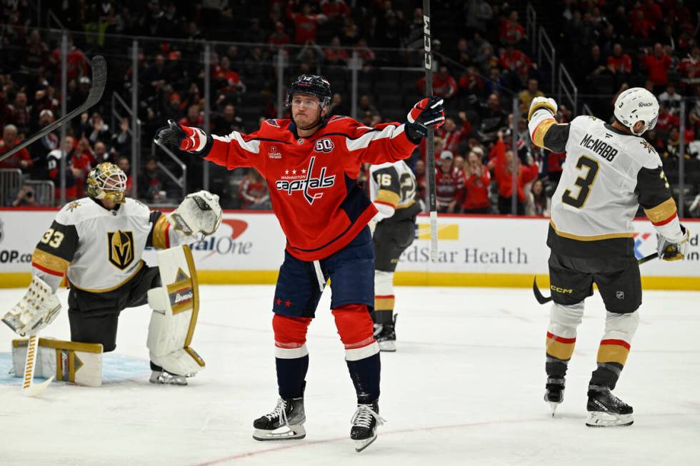 Washington Capitals left wing Jakub Vrana, center, celebrates his goal against Vegas Golden Kni ...