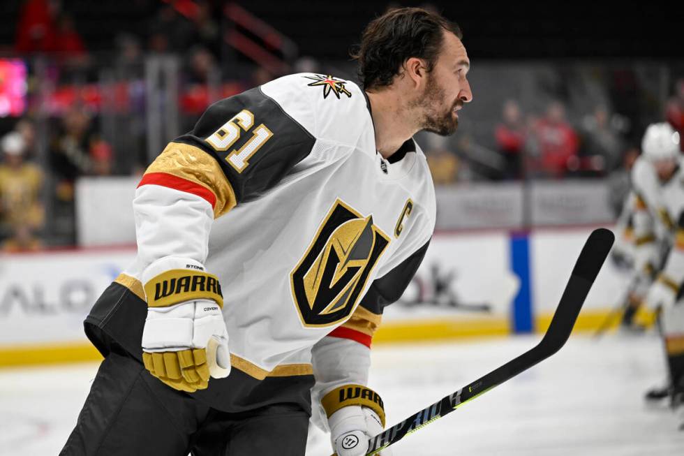 Vegas Golden Knights right wing Mark Stone skates during warmups before an NHL hockey game agai ...