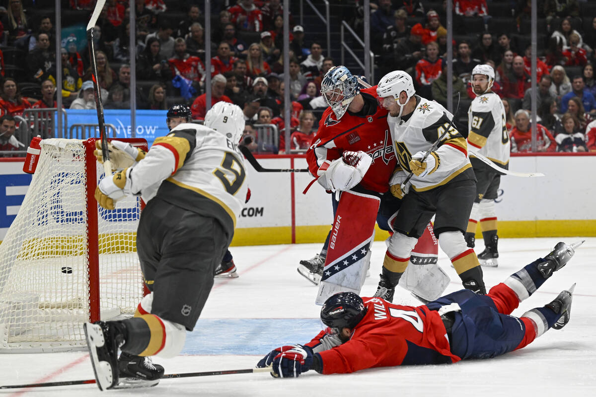 Vegas Golden Knights center Jack Eichel (9) scores a goal against Washington Capitals right win ...