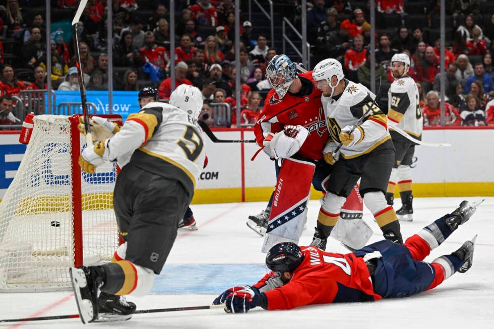 Vegas Golden Knights center Jack Eichel (9) scores a goal against Washington Capitals right win ...