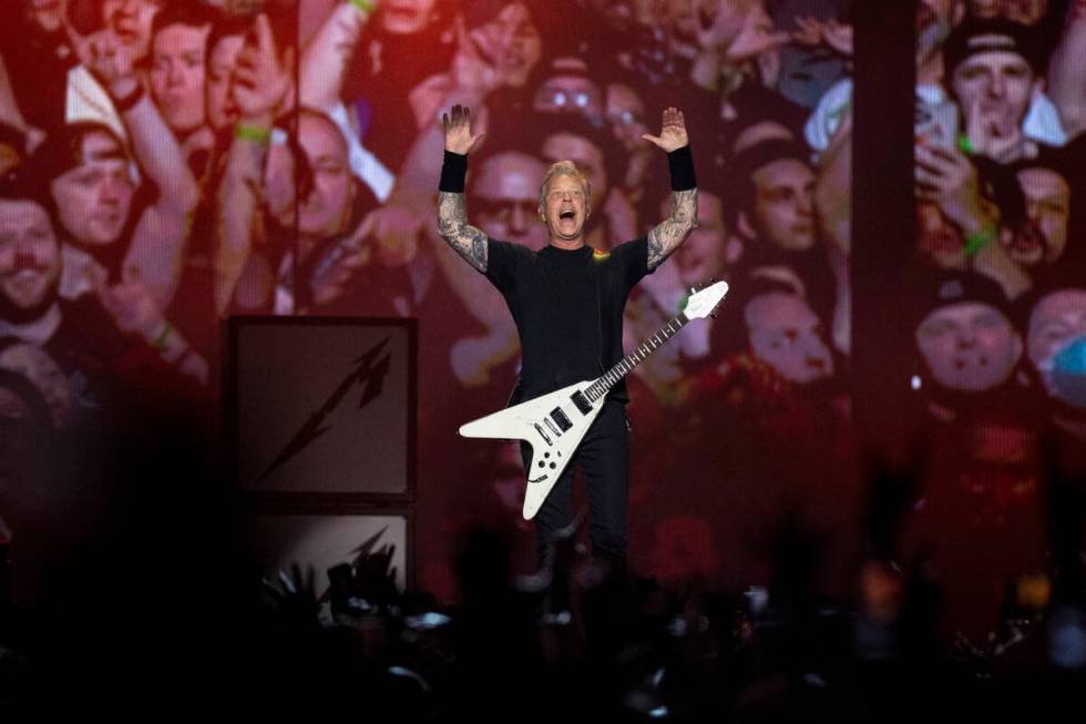 James Hetfield of Metallica performs in a music concert at Allegiant Stadium in Las Vegas, Frid ...