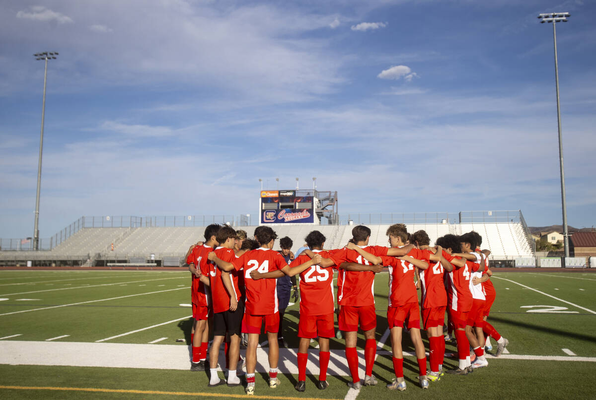 Coronado players huddle before the high school soccer game against Las Vegas High at Coronado H ...