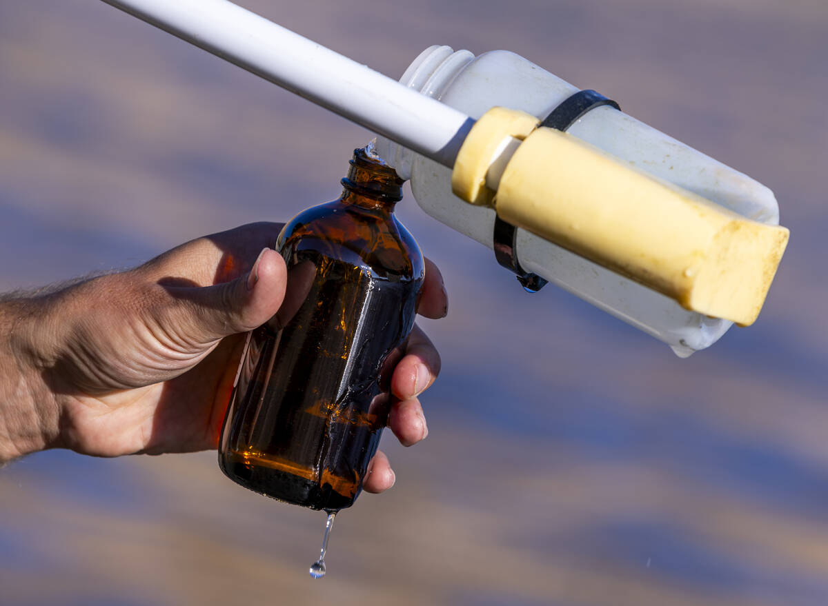 Aquatic Ecologist Riley Rackliffe with the National Park Service pours a water sample looking f ...