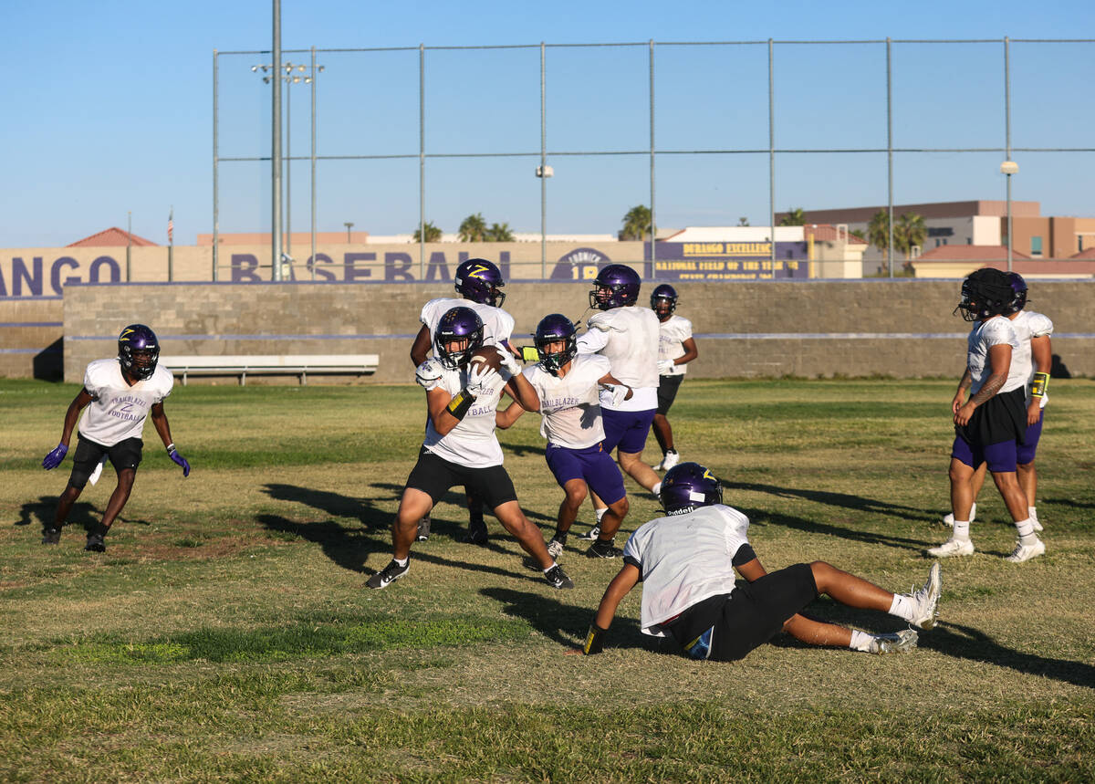 Durango High School Trailblazers play football during practice at Durango High School in Las Ve ...