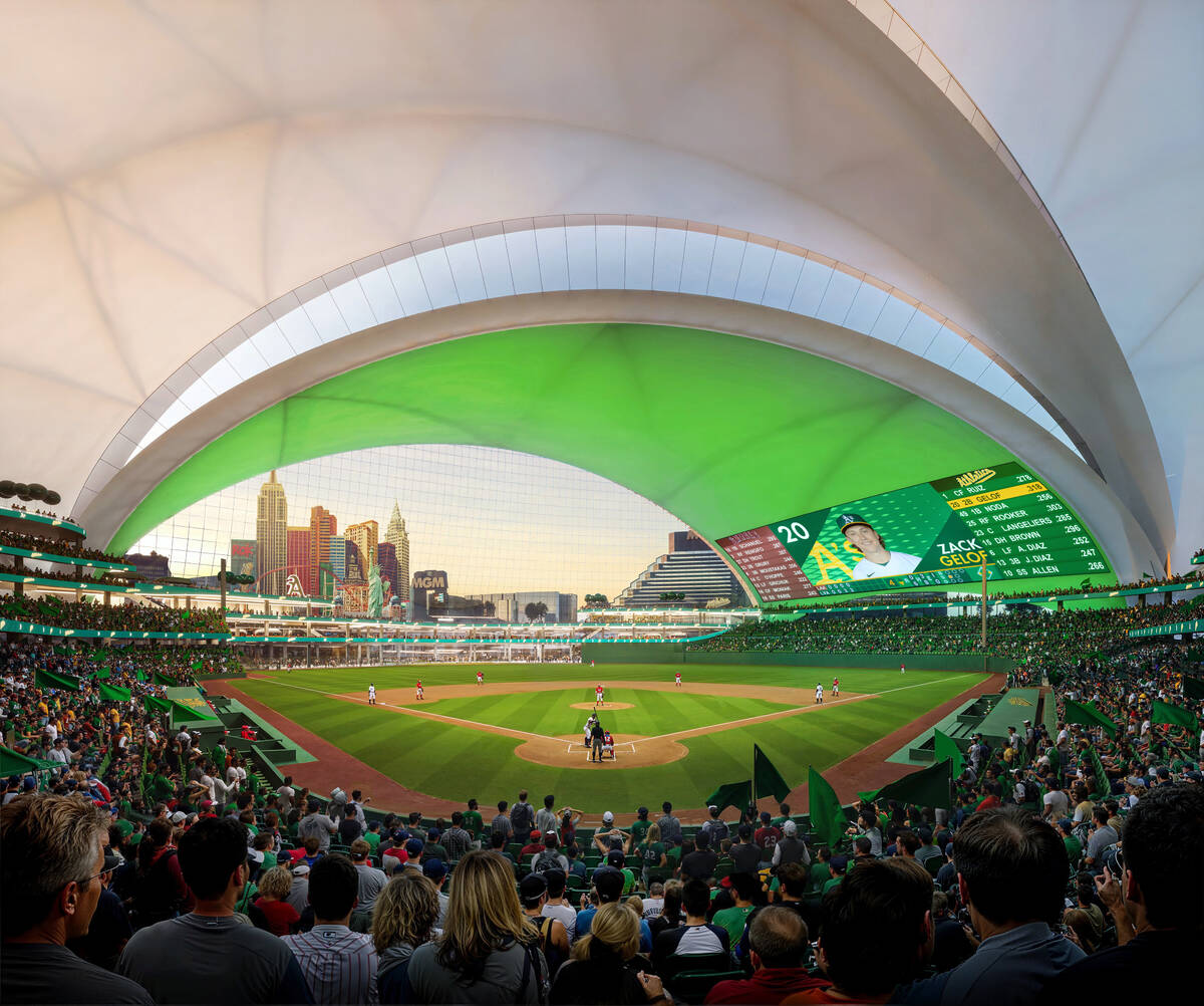 This is an undated artist’s rendering of the proposed baseball stadium for the Athletics ...