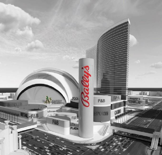 Renderings depict the planned layout of the Athletics' ballpark and Bally's Corp. resort to be ...