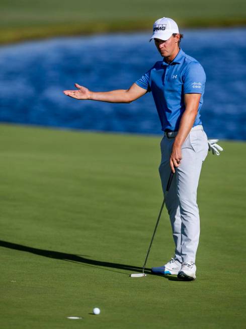 Maverick McNealy is surprised at a missed putt at hole #18 during the opening round of the Shri ...