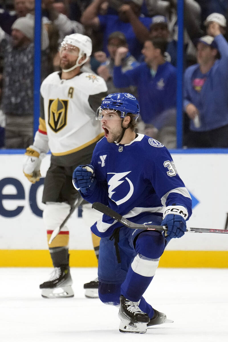 Tampa Bay Lightning left wing Brandon Hagel (38) celebrates his goal against the Vegas Golden K ...