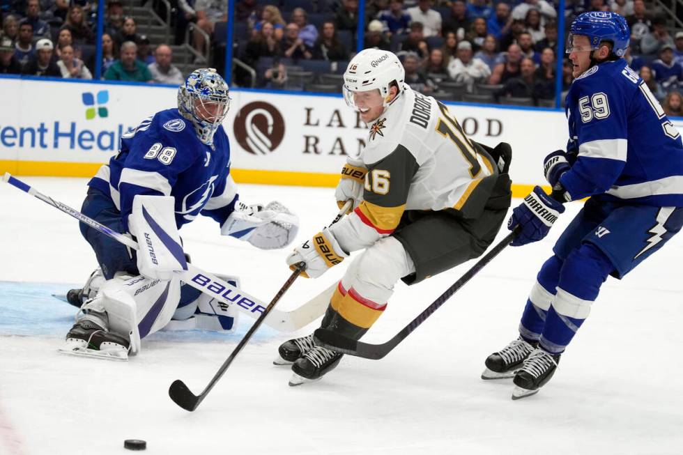 Tampa Bay Lightning goaltender Andrei Vasilevskiy (88) makes a save on a shot by Vegas Golden K ...