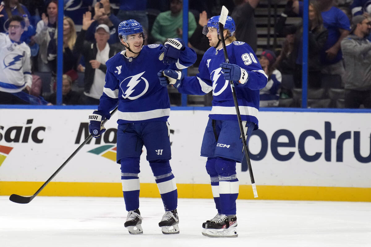 Tampa Bay Lightning defenseman Janis Moser (90) celebrates his goal against the Vegas Golden Kn ...