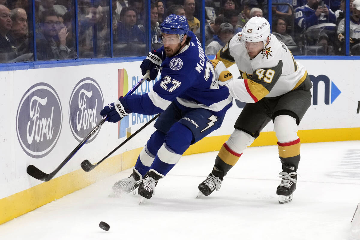 Tampa Bay Lightning defenseman Ryan McDonagh (27) gets ahead of Vegas Golden Knights center Iva ...