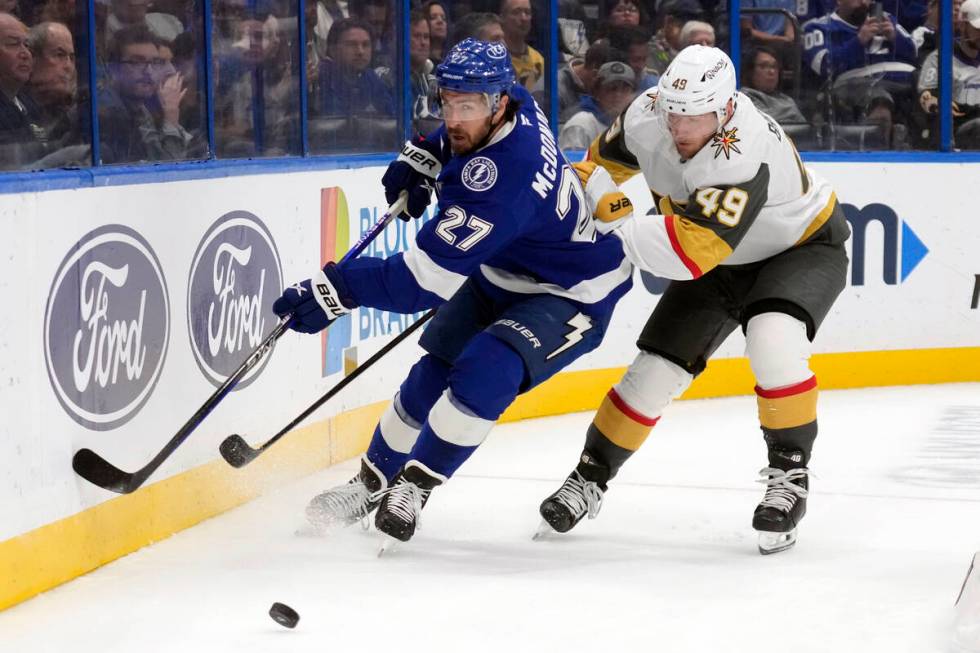 Tampa Bay Lightning defenseman Ryan McDonagh (27) gets ahead of Vegas Golden Knights center Iva ...