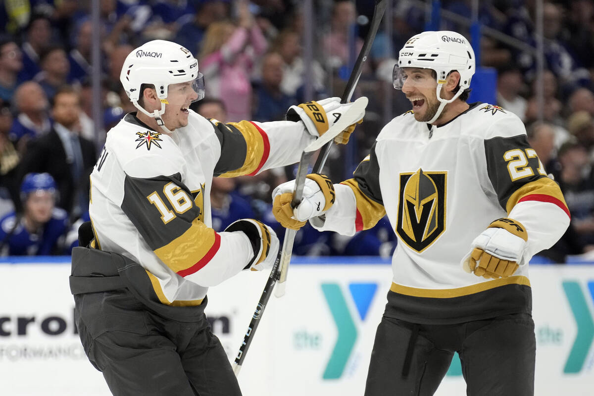 Vegas Golden Knights left wing Pavel Dorofeyev (16) celebrates his goal against the Tampa Bay L ...