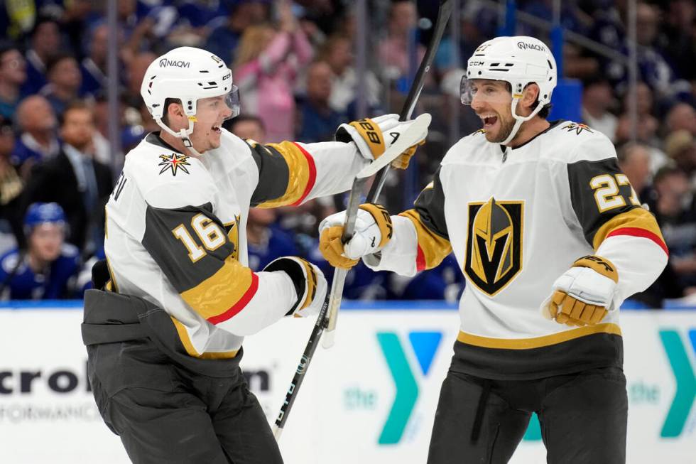 Vegas Golden Knights left wing Pavel Dorofeyev (16) celebrates his goal against the Tampa Bay L ...