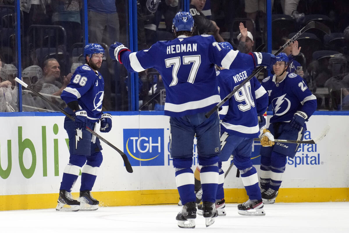 Tampa Bay Lightning right wing Nikita Kucherov (86) celebrates his goal against the Vegas Golde ...