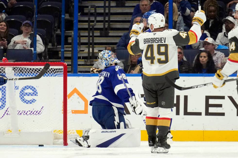 Vegas Golden Knights center Ivan Barbashev (49) celebrates after scoring past Tampa Bay Lightni ...