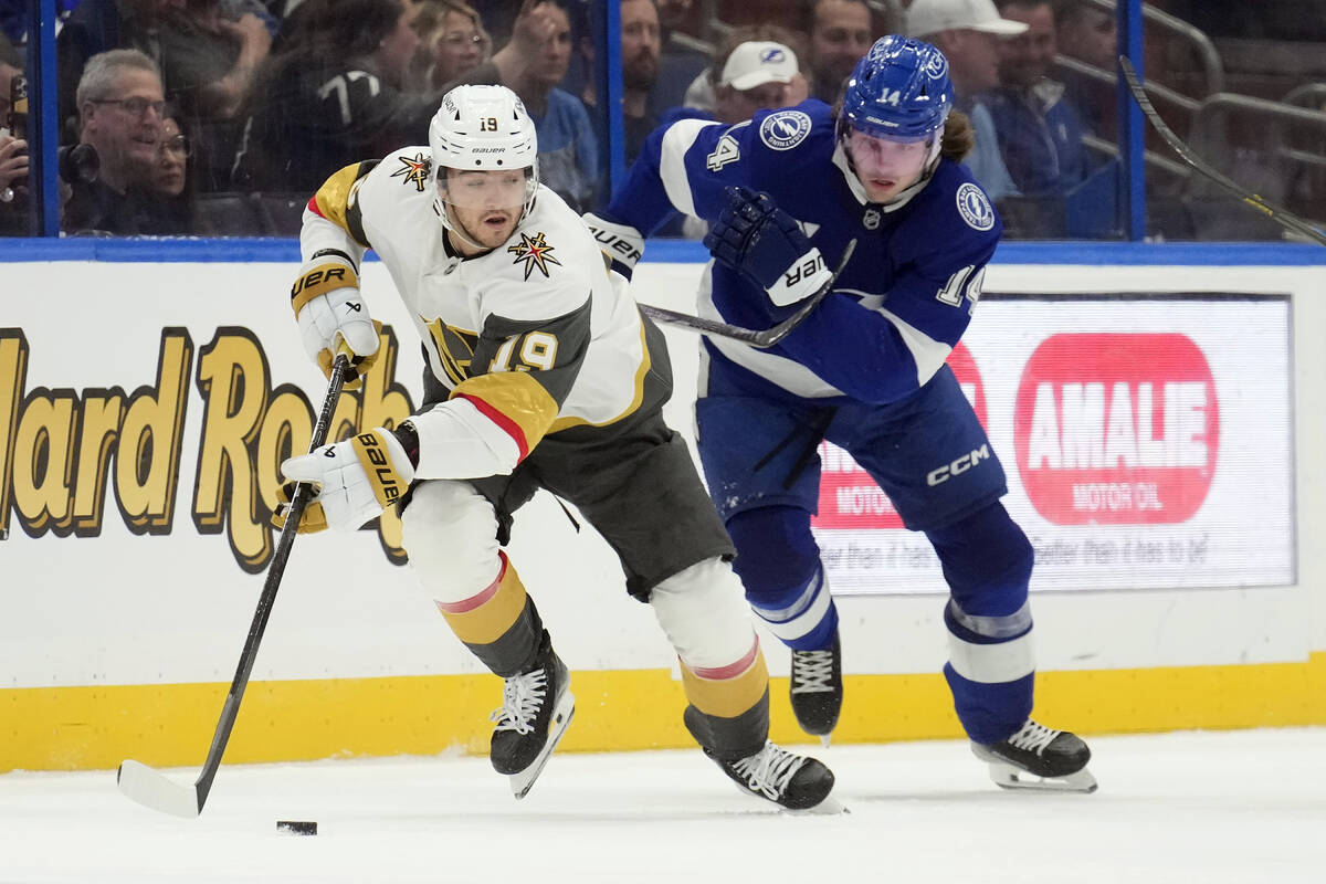 Vegas Golden Knights center Brendan Brisson (19) breaks out in front of Tampa Bay Lightning cen ...