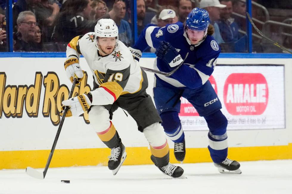 Vegas Golden Knights center Brendan Brisson (19) breaks out in front of Tampa Bay Lightning cen ...