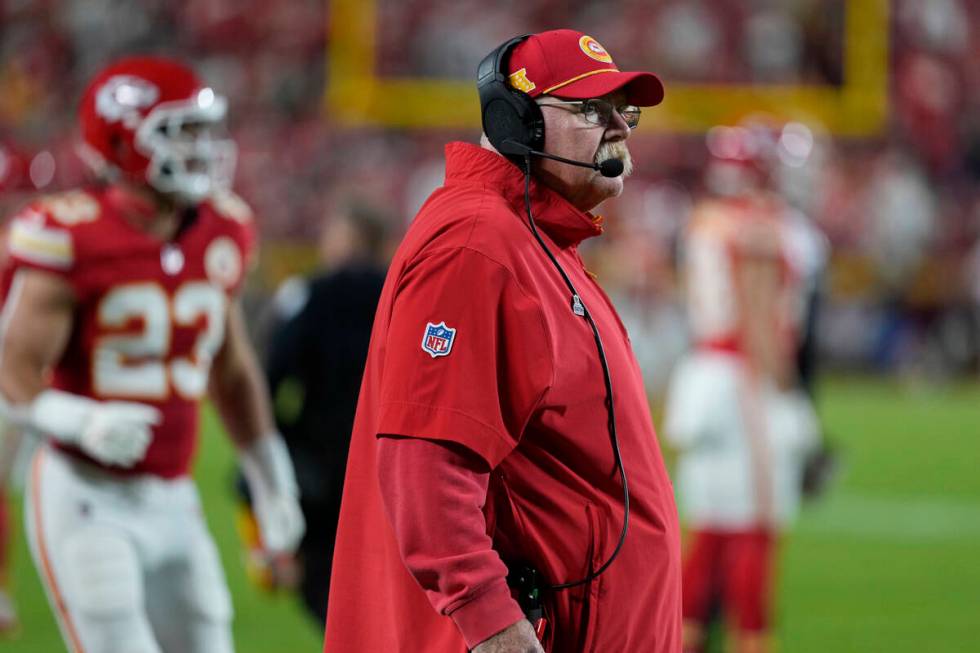 Kansas City Chiefs head coach Andy Reid watches his team against the New Orleans Saints during ...