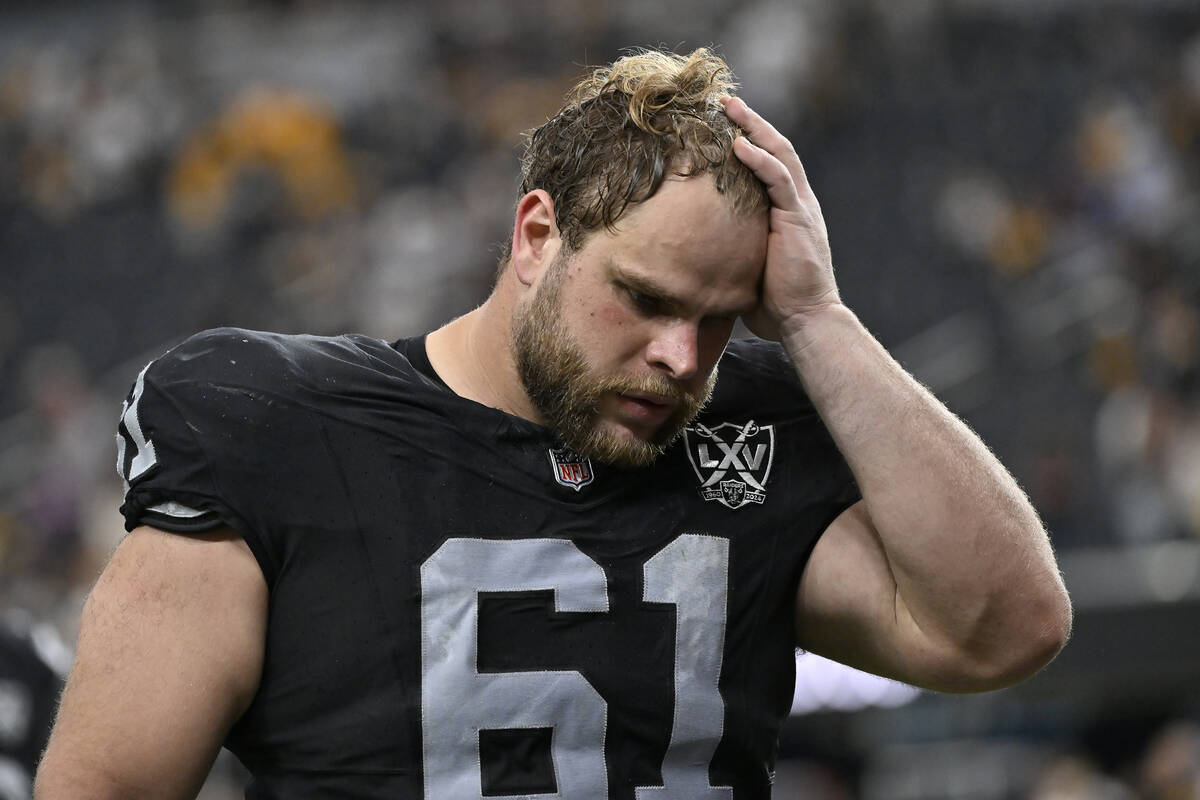 Las Vegas Raiders guard Jordan Meredith reacts after an NFL football game against the Pittsburg ...