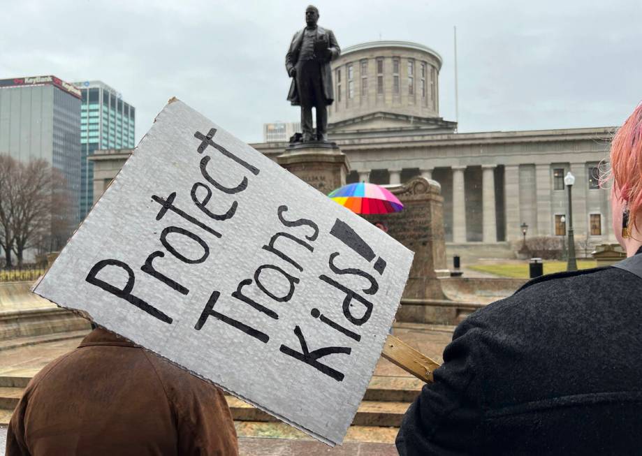 Protesters advocating for transgender rights and healthcare stand outside of the Ohio Statehous ...