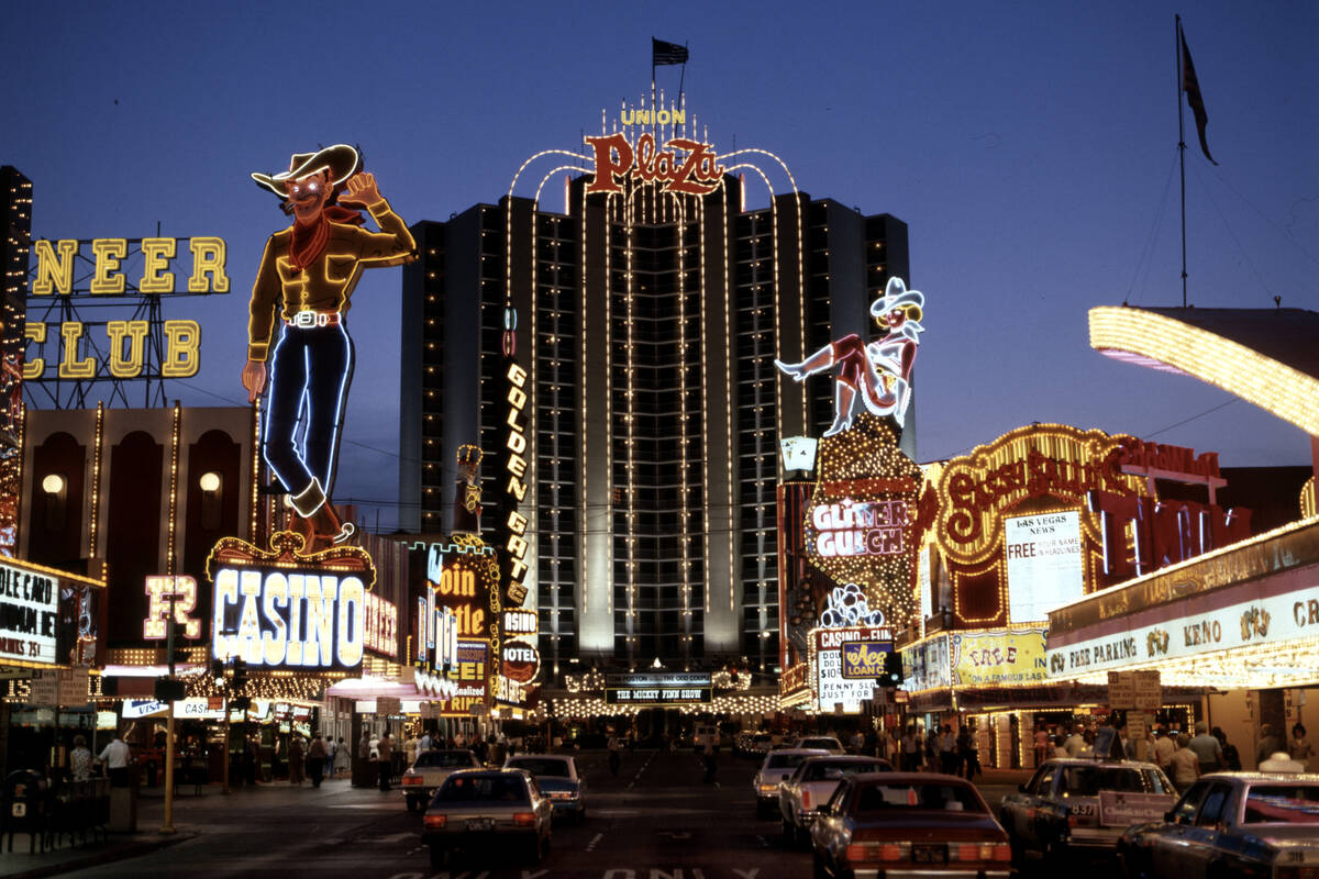 Fremont Street is seen in downtown Las Vegas June 1, 1981. The Union Plaza, Vegas Vic, Vegas Vi ...