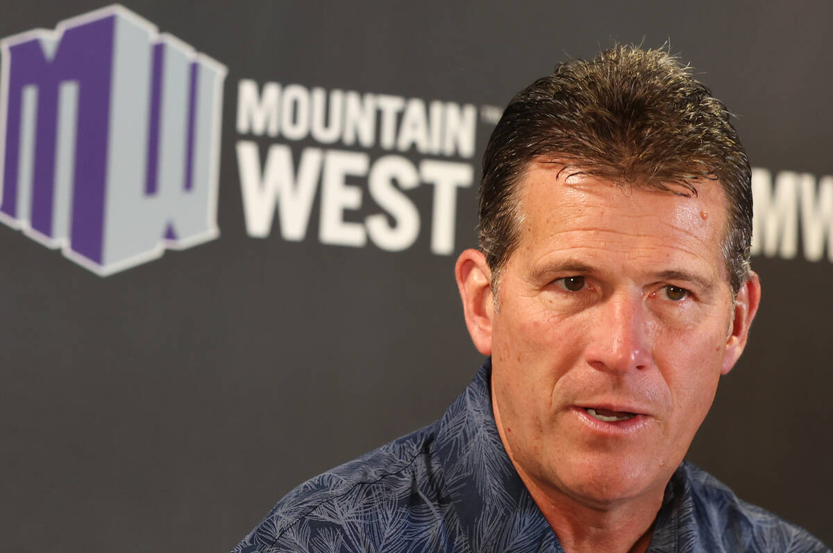 Nevada basketball head coach Steve Alford speaks during the Mountain West Conference men's bask ...