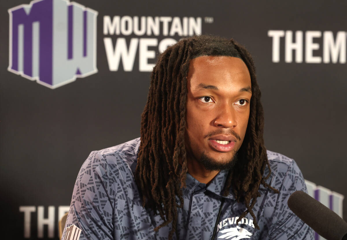 Nevada Wolf Pack forward Tre Coleman speaks during the Mountain West Conference men's basketbal ...