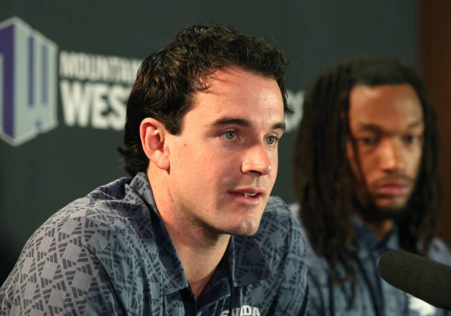 Nevada Wolf Pack forward Nick Davidson speaks as forward Tre Coleman looks on during the Mounta ...