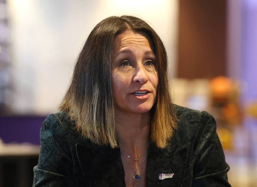 Mountain West Conference commissioner Gloria Nevarez speaks during men's basketball media day, ...