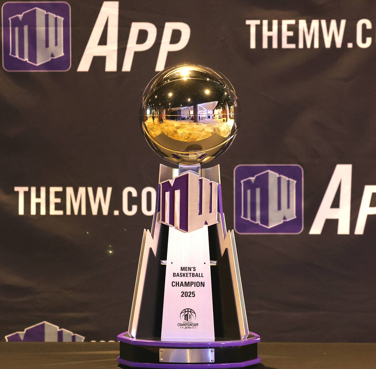 The 2025 Mountain West Conference men's basketball trophy is displayed during media day, on Thu ...