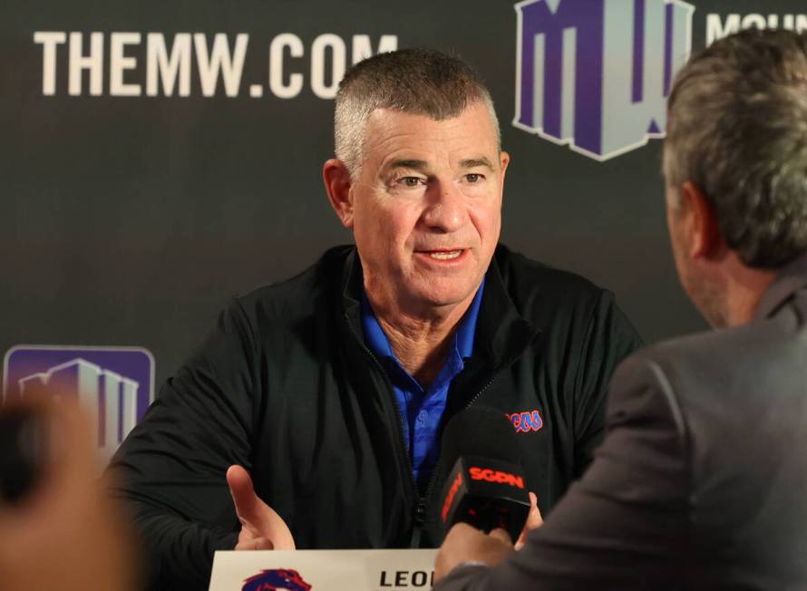 Boise State basketball head coach Leon Rice speaks during the Mountain West Conference men's ba ...