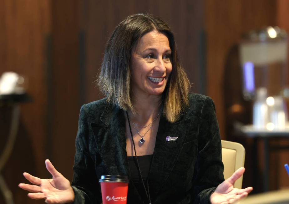 Mountain West Conference commissioner Gloria Nevarez speaks during men's basketball media day T ...