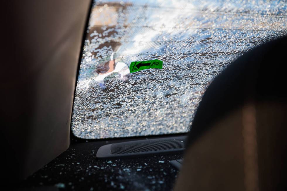 A bullet hole is seen in the rear window of Martha Carbajal’s car on Wednesday, Oct. 16, 2024 ...