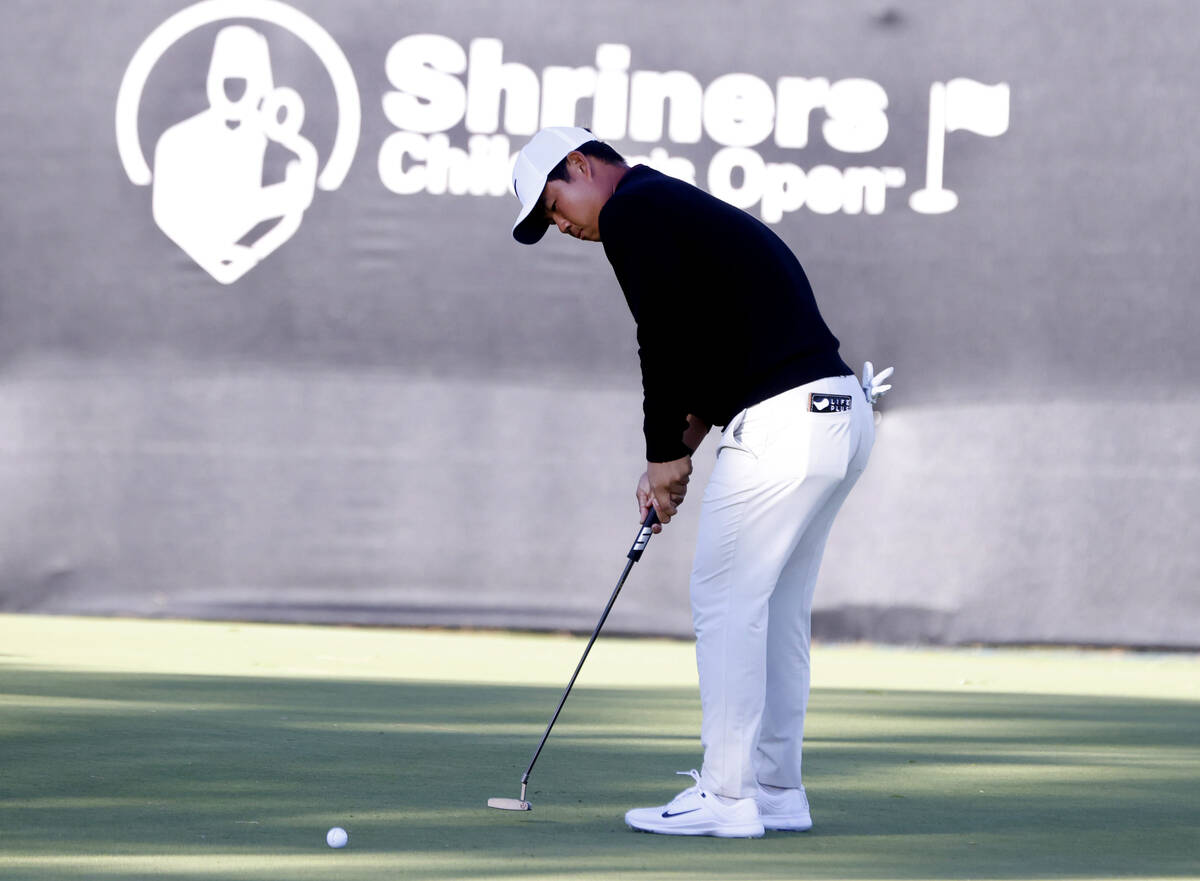 Tom Kim eyes a putt at hole #9 during the second round of the Shriners Children's Open at TPC S ...