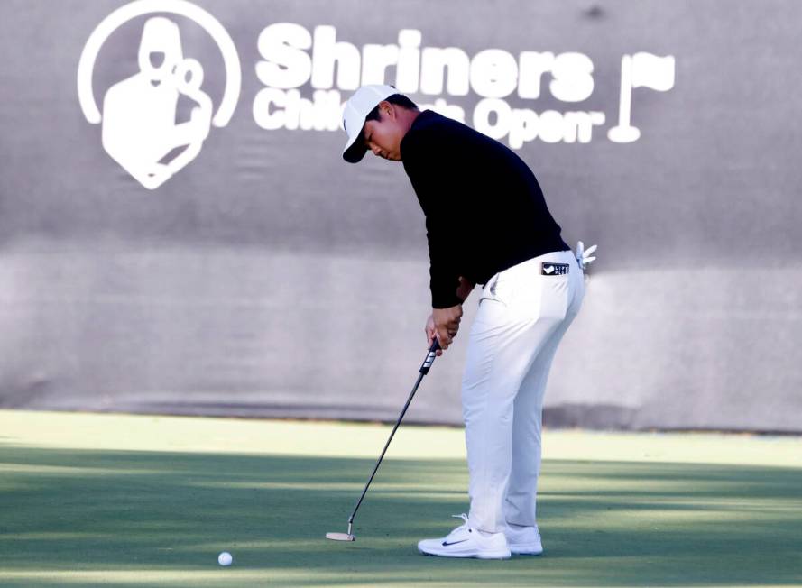 Tom Kim eyes a putt at hole #9 during the second round of the Shriners Children's Open at TPC S ...