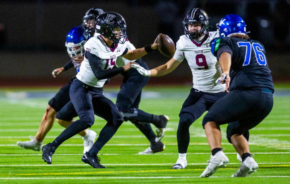 Faith Lutheran quarterback Alexander Rogers (15) scrambles in the backfield while pursued by a ...