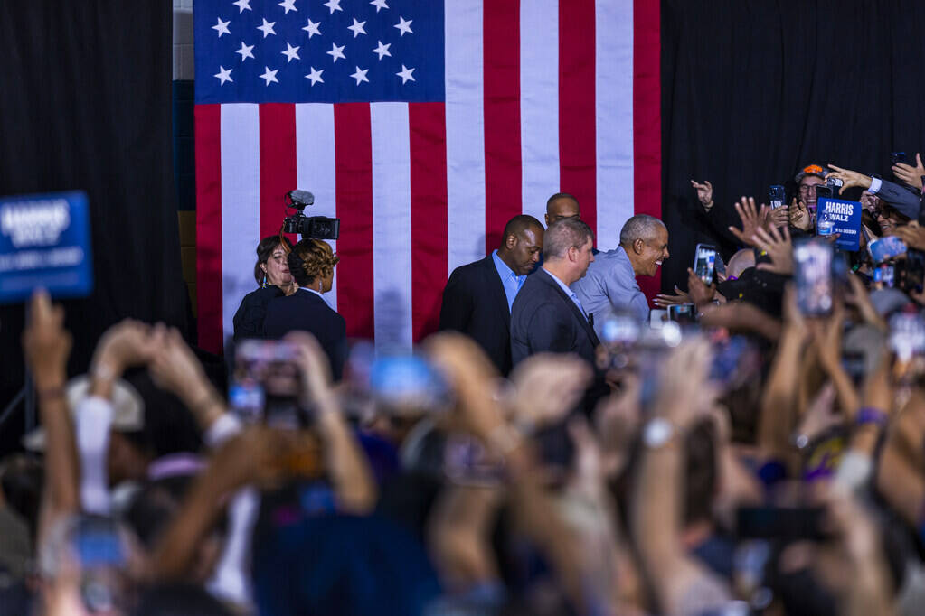 Former President Barack Obama arrives to speak on behalf of the Harris-Walz campaign at Cheyenn ...