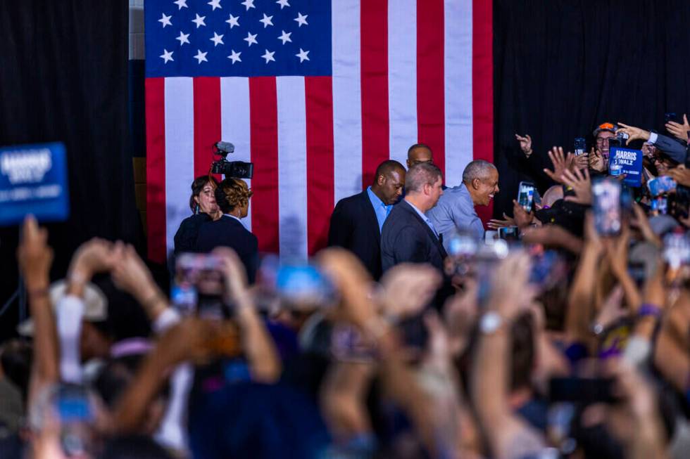 Former President Barack Obama arrives to speak on behalf of the Harris-Walz campaign at Cheyenn ...